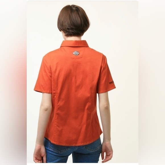 Harley Davidson Orange Women’s Short Sleeve Button Up Shirt with Logos Size M/L - Picture 2 of 15